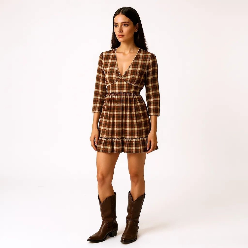 🔥Coco + Jaimeson Bohemian Ruffle Hem Plaid Dress